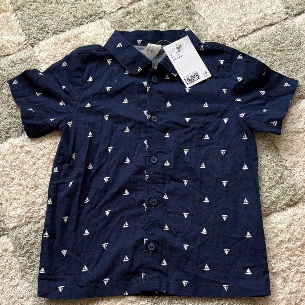 H&M Dark Blue Kids Button Down Shirt with Sailboat Pattern